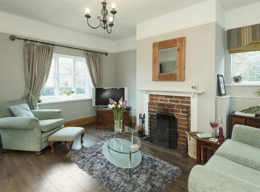 Stylishly furnished living room with open fire at Horseshoes House in Saham Toney, Norfolk