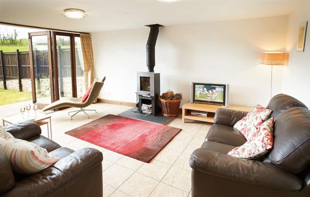 Large open-plan living room with wood burning stove. Lovely light room, with french doors to terrace and garden