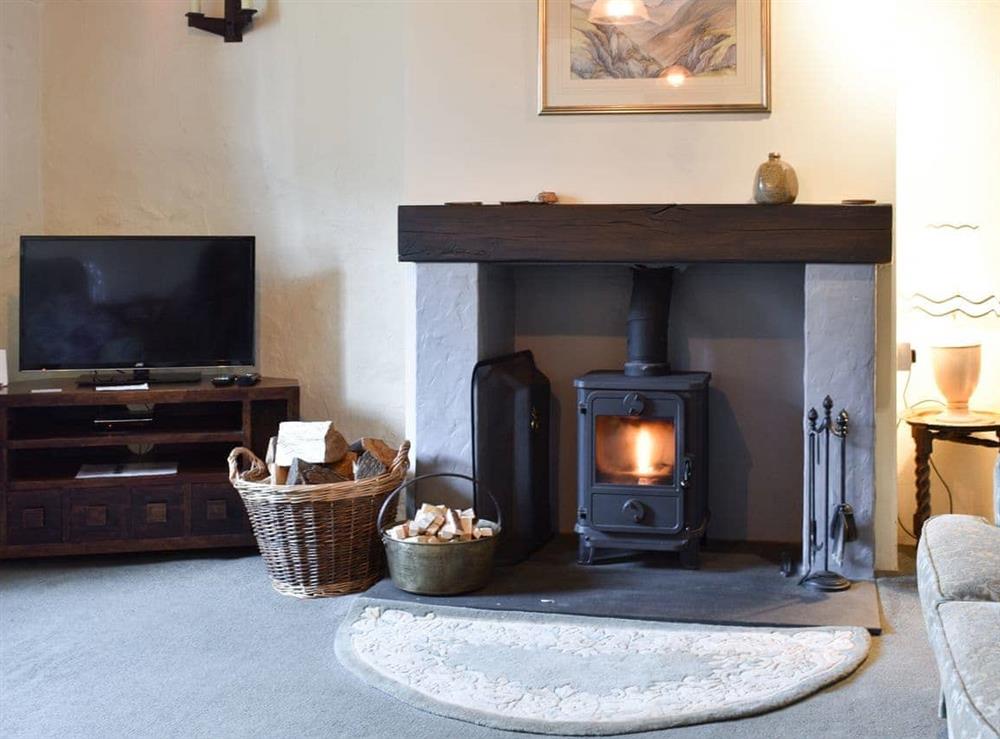 Living room with wood burner at Hydrangea Cottage in Witherslack, near Grange-over-Sands, Cumbria