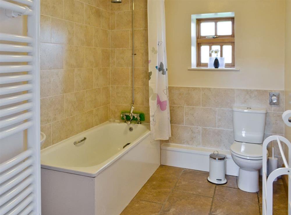 Family bathroom with shower over bath at Ilingworth Cottage in Muston, Filey, North Yorkshire