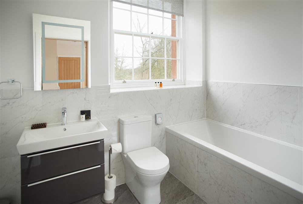 En-suite wet room with bath and separate shower at Independent Apartment, Netherby Hall, Longtown
