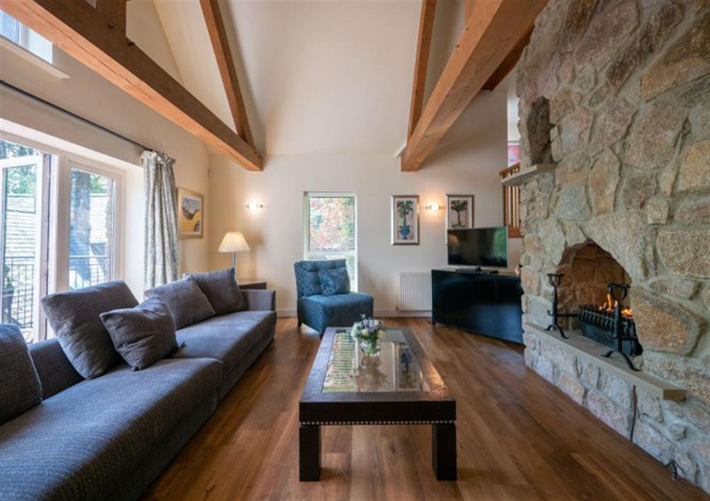 Sitting room with high ceilings and double doors to decked terrace at Ingle Tor in Chagford