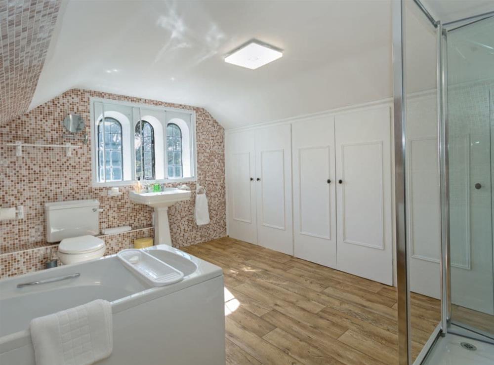 Large bathroom with bath and shower cubilcle at Islington Hall in Tilney All Saints, near King’s Lynn, Norfolk