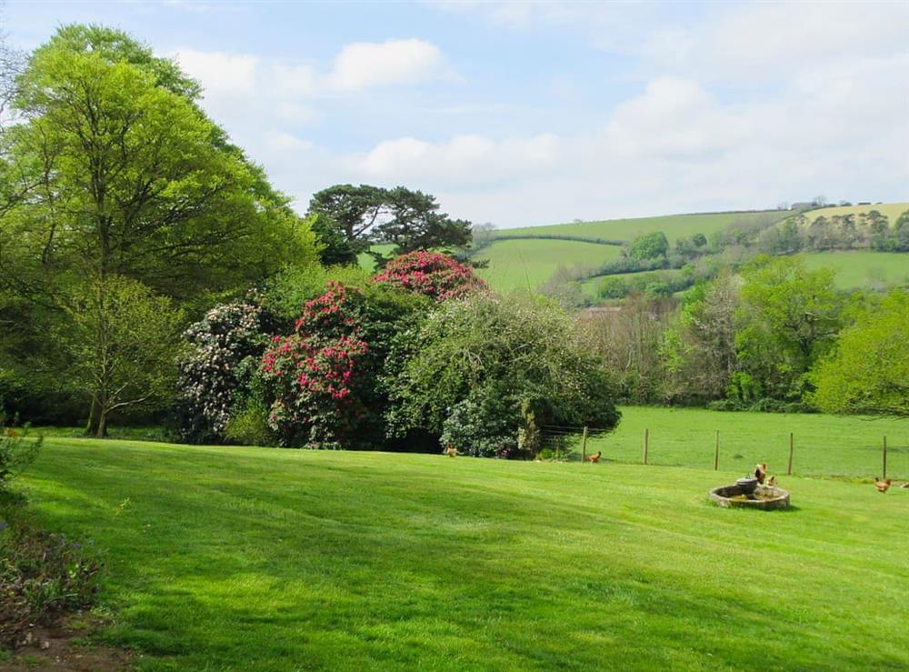 View from Tristan’s of south facing garden and across the Fowey valley at Isoldas in Lostwithiel, Cornwall