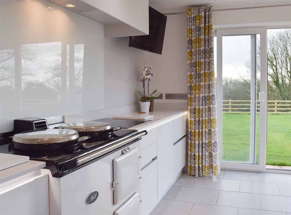 An Aga and sliding doors to the garden give the kitchen area a classical feel at Ivy Bush Cottage in New Moat, near Narberth, Pembrokeshire, Dyfed