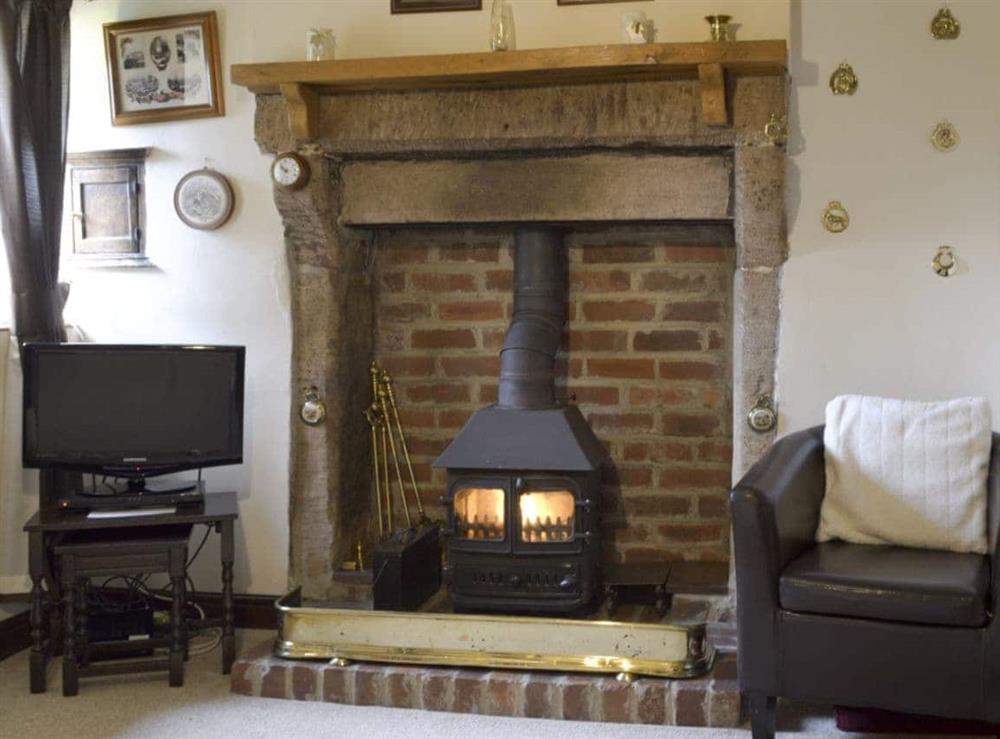 Feature fireplace in living room with wood-burner at Ivy Cottage in Aldwark, near Matlock, Derbyshire