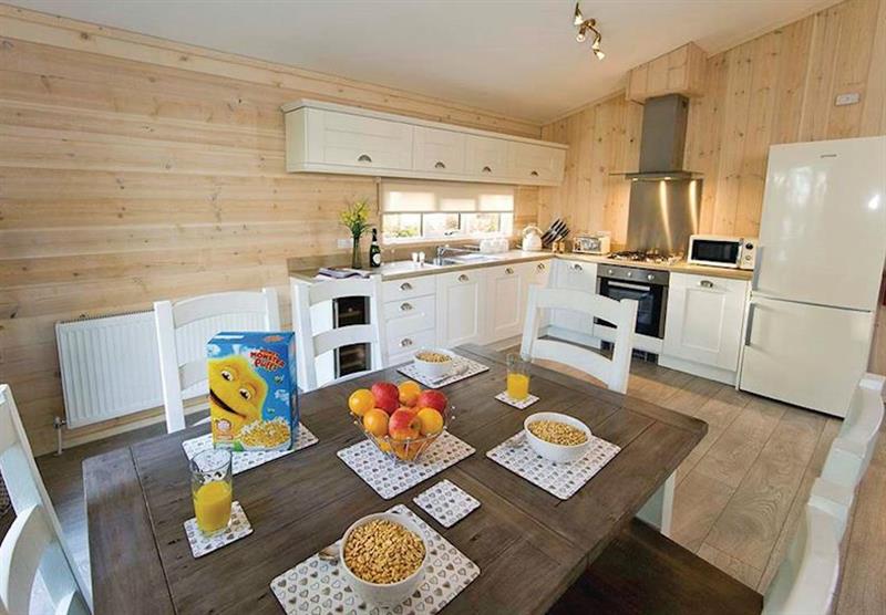 Kitchen and dining area in the Sandstone Lodge at Jamies Cragg Holiday Park in Welburn, Vale of York