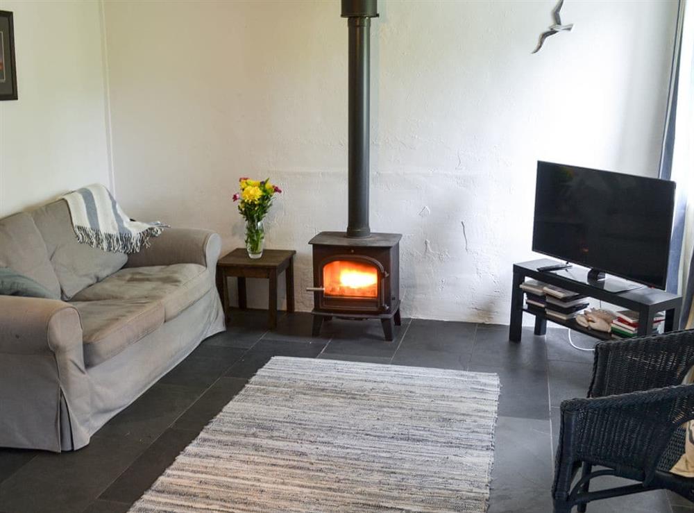 Living room with wood burner at Jarvies Cottage in Boscastle, Cornwall