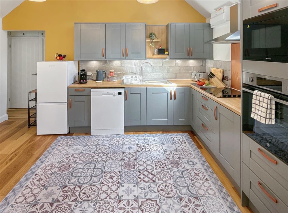 Kitchen area at Jasmin in Somerset, near Chard, England