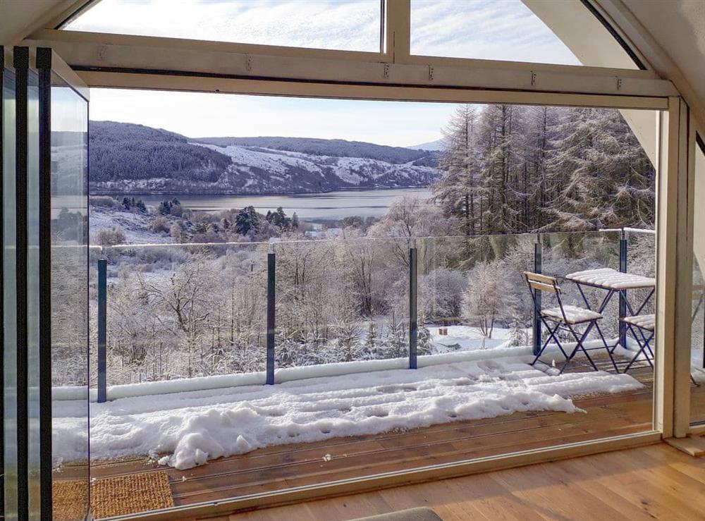 Picturesque Winter views from the living area at Jill Strawbale House in Strontian, near Fort William, Highlands, Argyll