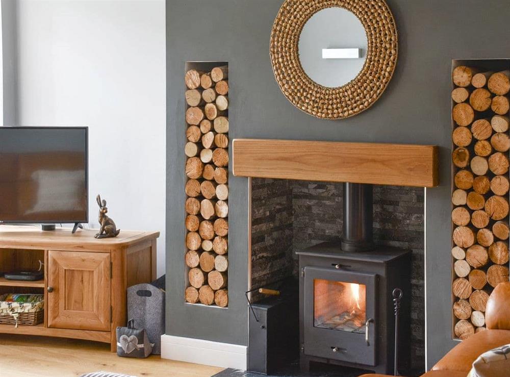 Warming wood burner within the living area at Joiners Cottage in Ingmire Hall, near Sedbergh, Cumbria
