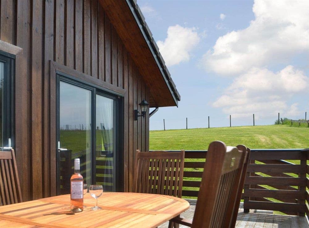 Decked area with views over the lawned garden at Kaptains Cabin in Yanwath, near Penrith, Cumbria