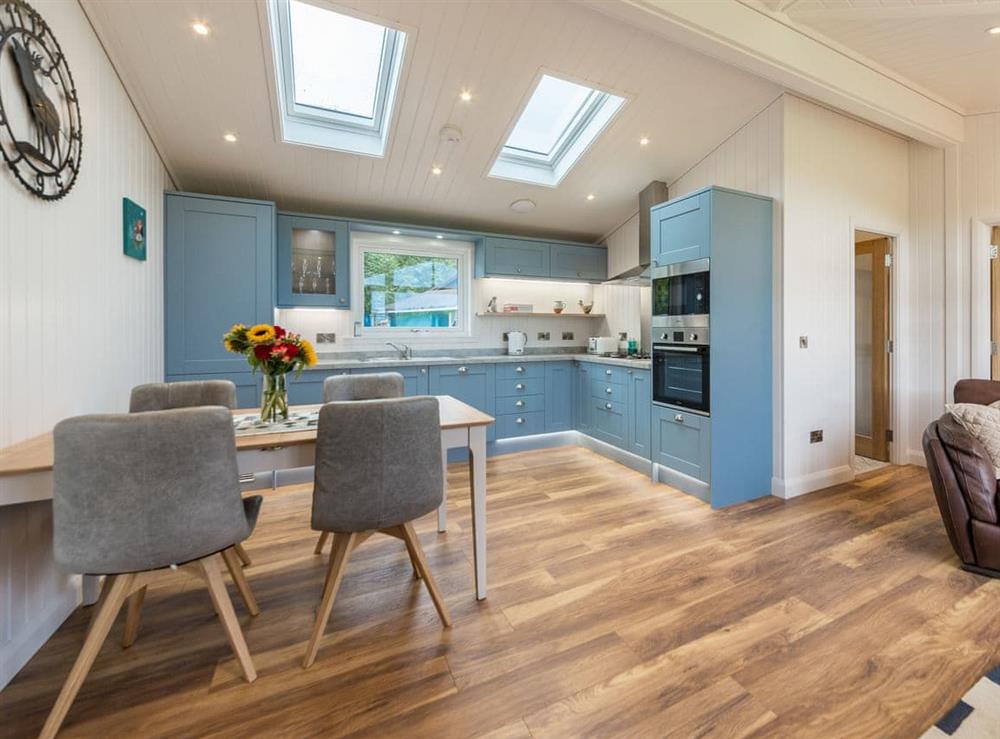 Fully equipped kitchen with dining area within the open-plan design at Karelia Lodge in Keltyneyburn, near Aberfeldy, Perthshire