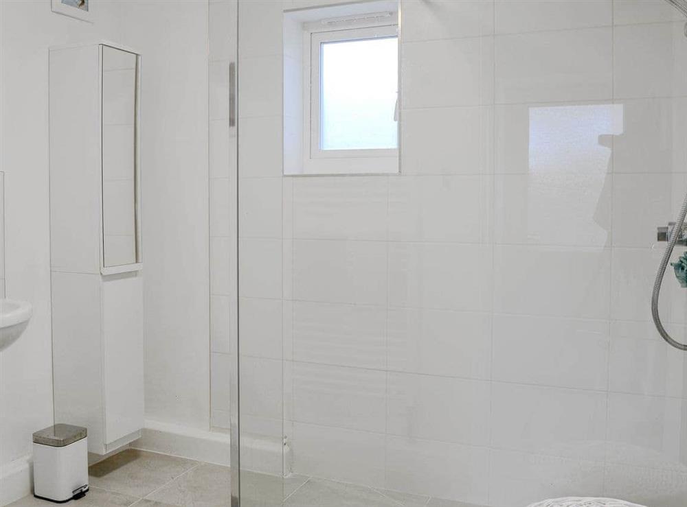 Shower room with walk in shower, toilet and heated towel rail at Katellen Cottage in Threlkeld, near Keswick, Cumbria