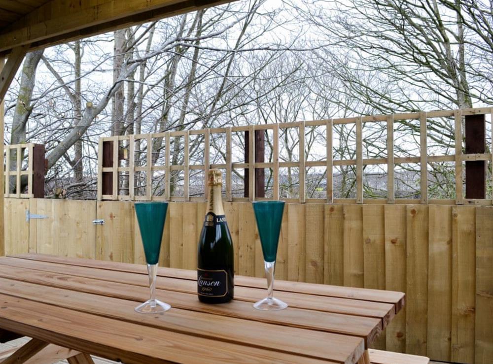 Outside decked area for relaxing with direct access to the river at Key to the Esk in Longtown, near Carlisle, Cumbria
