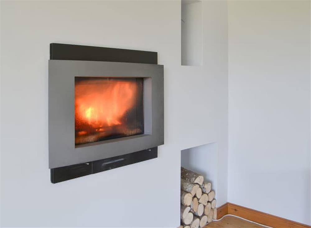 Contemporary wood burning fireplace in the living room at Kilmore House in Drumnadrochit, near Inverness, Inverness-Shire