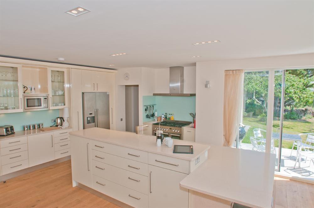 Exquisitely designed contemporary kitchen with Silestone breakfast bar at Kirkdale in Thurlestone, Nr Kingsbridge