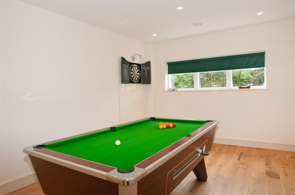 Games room with full size pool table and dartboard at Kirkdale in Thurlestone, Nr Kingsbridge