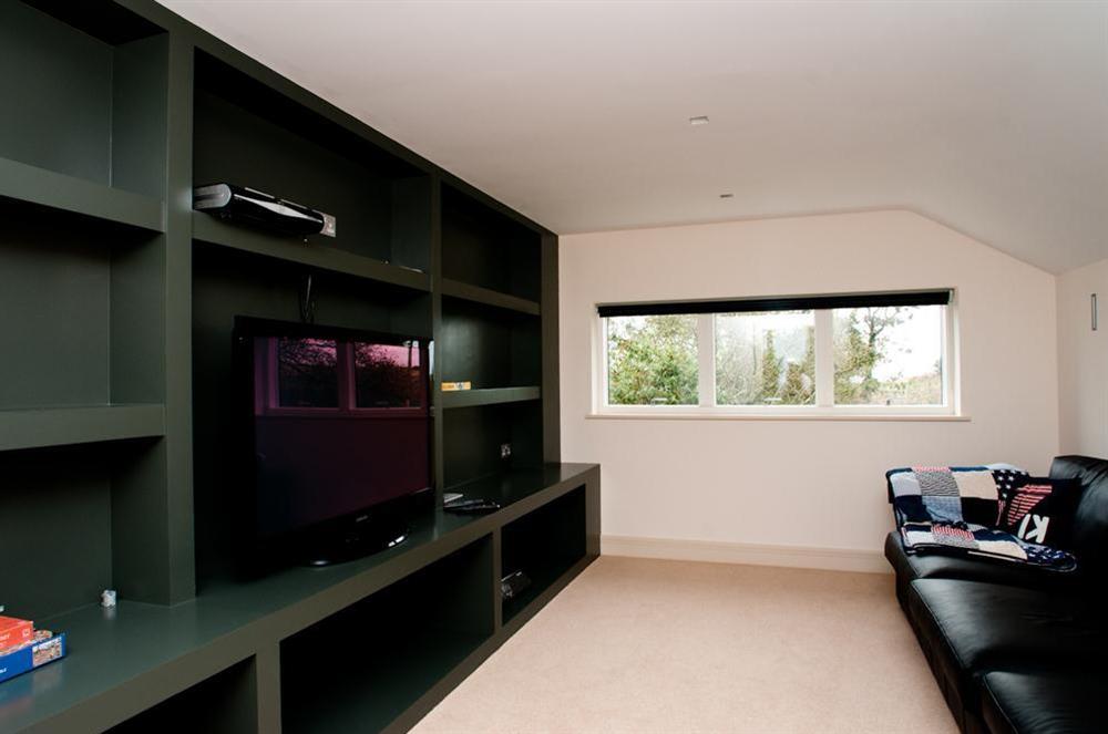 TV room with large leather sofa and TV with Sky HD at Kirkdale in Thurlestone, Nr Kingsbridge