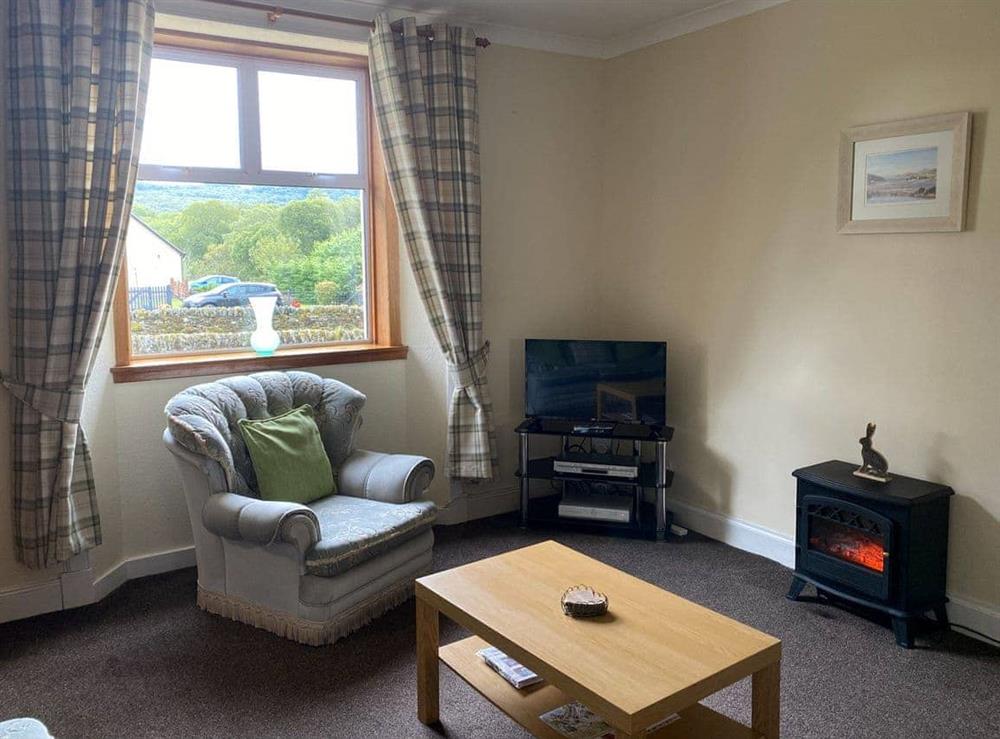 Welcoming and comfortable living room with electric stove effect fire at Kirnan Cottage in Kilmichael Glassary, near Lochgilphead, Argyll