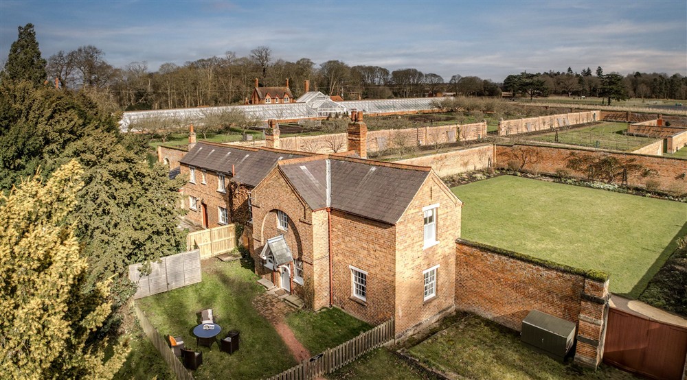 An aerial view of Kitchen Garden Cottage and the walled kitchen garden at Kitchen Garden Cottage in Worksop, Nottinghamshire