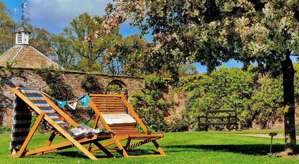 Blossom chairs in the shade of a blossom tree in the Gunby gardens. The grass is bright green and the dovecote weather dial can be seen peeping over a low brick wall. The sky envelops the scene in glorious blue. at Kitchen Garden Cottage in Worksop, Notti