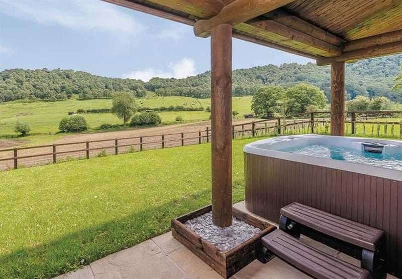 private hot tub, with some views, in The Paw Pad at Kitty’s View Country Lodges in Broxton, Nr Chester