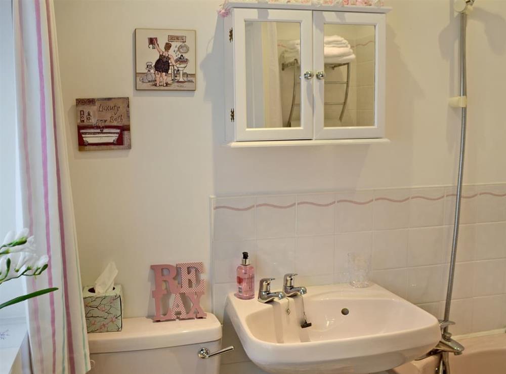 Quirky bathroom with shower over bath and WC at Lace Cottage in Ashbourne, Derbyshire