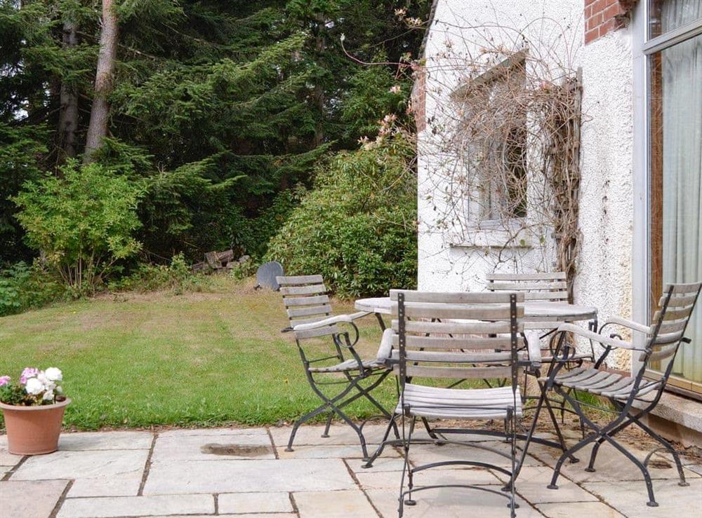 Paved patio area with outdoor furniture at Lairds Cast in Inchmarlo, Banchory, Aberdeenshire., Kincardineshire
