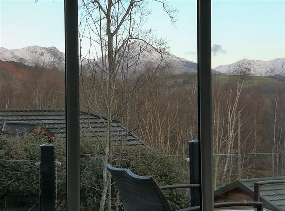 View of Coniston Old Man and Dow Crag from the lounge at Lake Bank Lodge in Ulverston, Cumbria