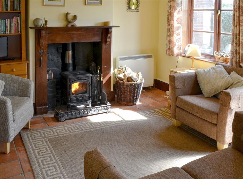 Cosy living room with multi fuel burner at Lanthorn Cottage in Happisburgh, Norfolk