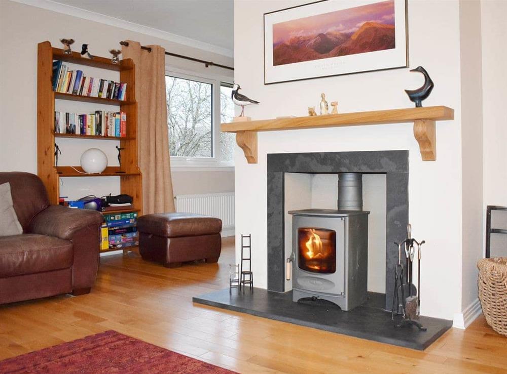 Welcoming living room with wood burner at Lapwing Rise in Banavie, near Fort William, Highland