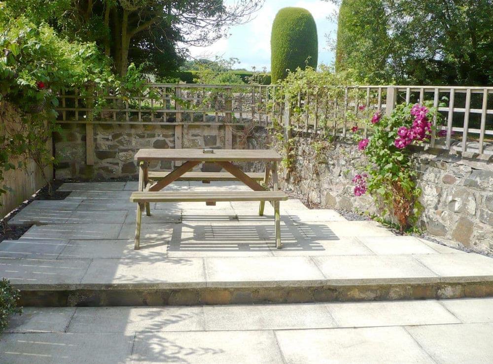 Tranquil patio garden with seating area at Larch Cottage in Dunstan, near Alnwick, Northumberland