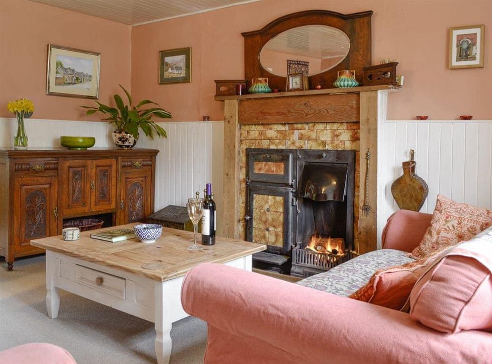Welcoming living room with open fire at Larch Cottage in Kirkmichael, near Pitlochry, Perthshire