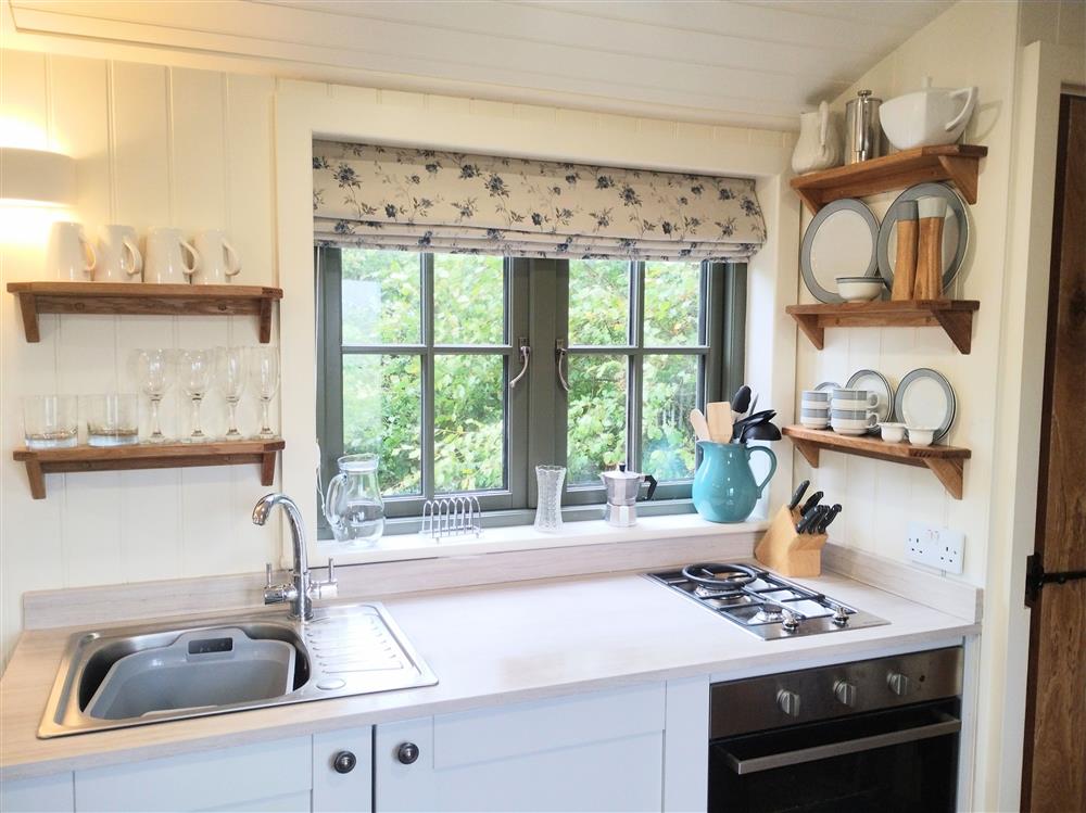 The kitchen area has a two ring gas hob, electric oven and fridge  at Larch Retreat, Blencowe, near Greystoke