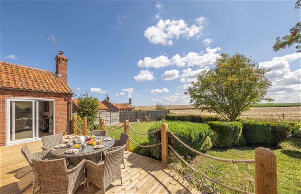 Patio dining offers a panoramic view at Larks Rise, Burnham Market near Kings Lynn