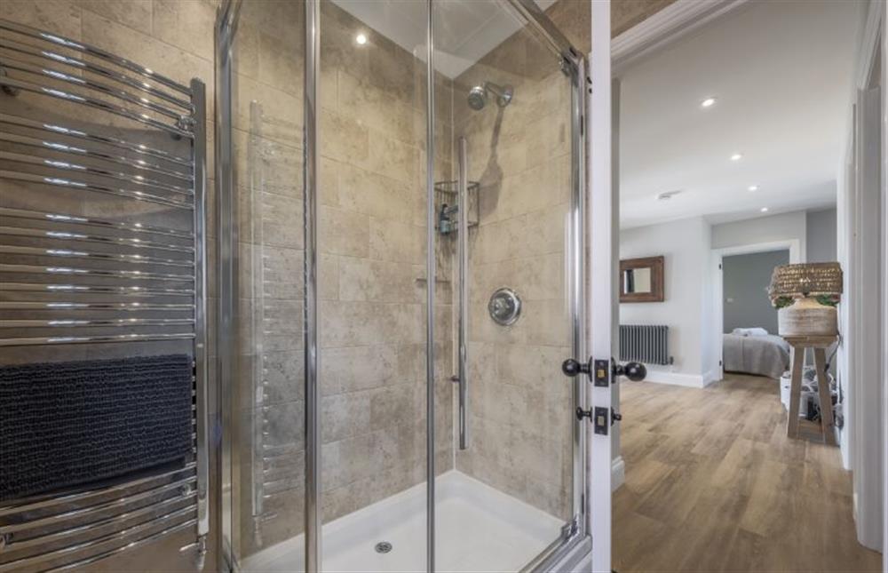 Shower room with walk-in shower cubicle at Larks Rise, Burnham Market near Kings Lynn