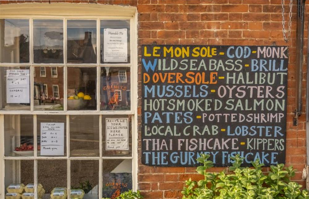 The village’s popular fishmonger’s window at Larks Rise, Burnham Market near Kings Lynn