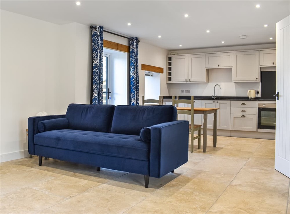 Open plan living space at Lavender Cottage in Inwardleigh, near Okehampton, Devon