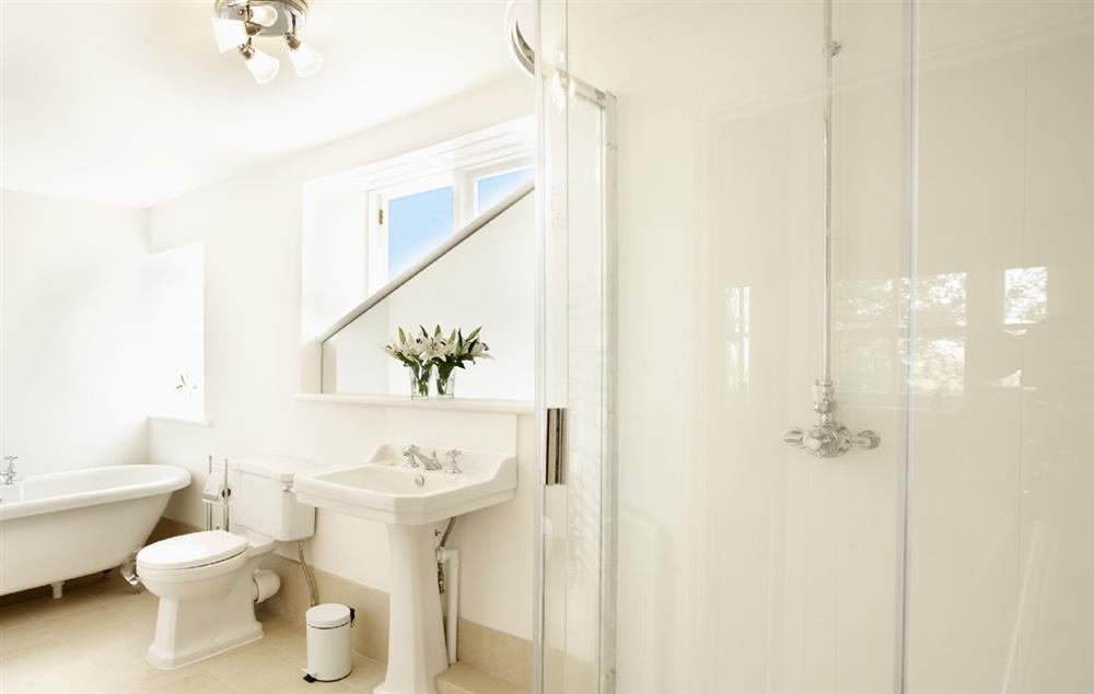 Large en-suite bathroom with shower and separate Victorian style bath at Laylands, Wells-next-the-Sea