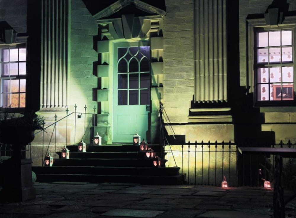Front entrance at night at Lea Hall in Matlock, Derbyshire., Great Britain