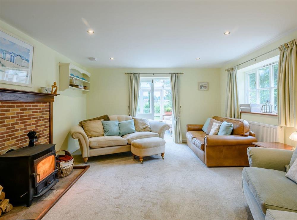 Charming living room with wood burner at Leatherpool Place in Wiveton, near Holt, Norfolk