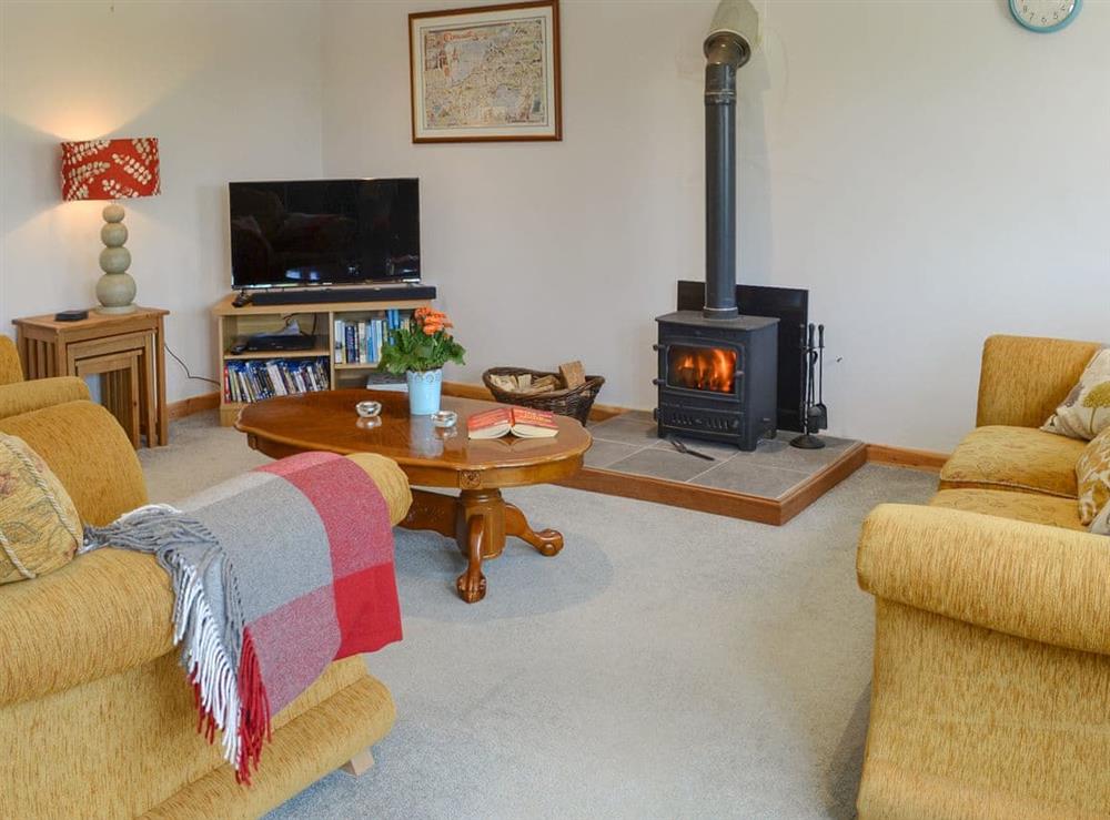 Delightful living area with cosy wood burner at Lillys in Boyton, near Launceston, Cornwall