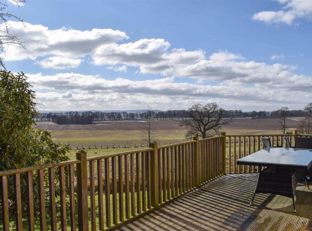 Wonderful views over the surrounding countryside from the decking at Lime Tree Cottage in Oakley, near Dunfermline, Fife