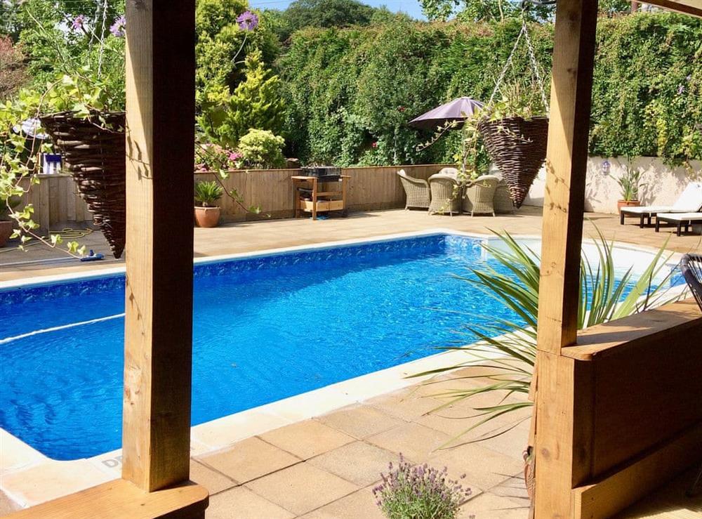 View from hot tub to pool at Linnets in Fitzhead, nr Wivelscombe, Somerset