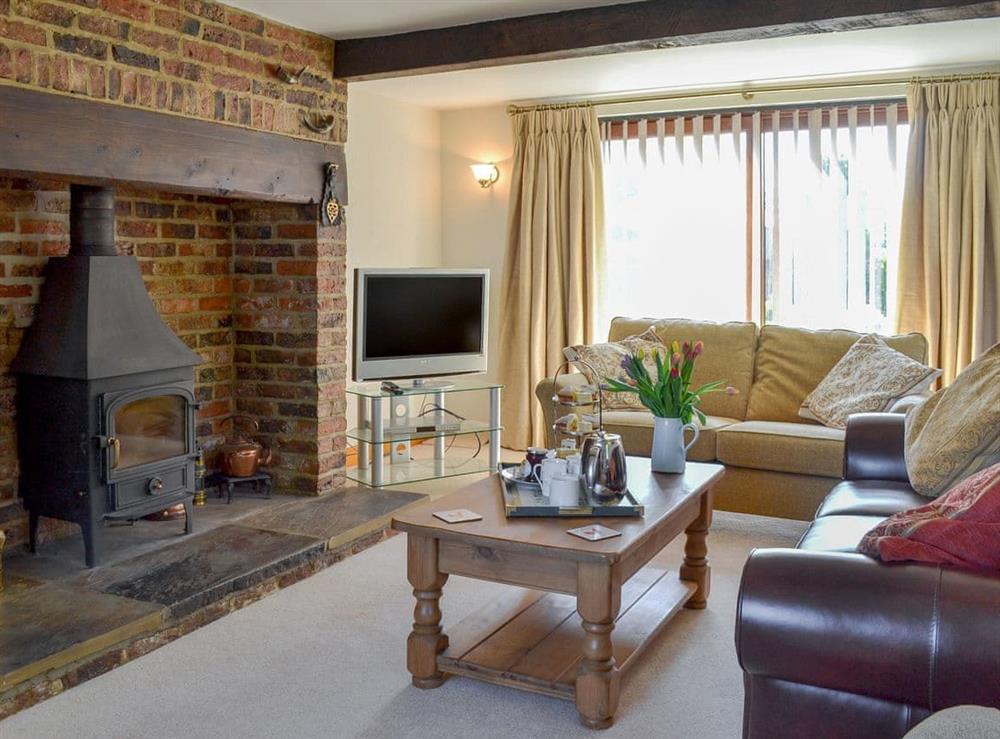 Well presented living room with cosy wood burner at Linton Woods Farm in Linton-on-Ouse, near York, North Yorkshire
