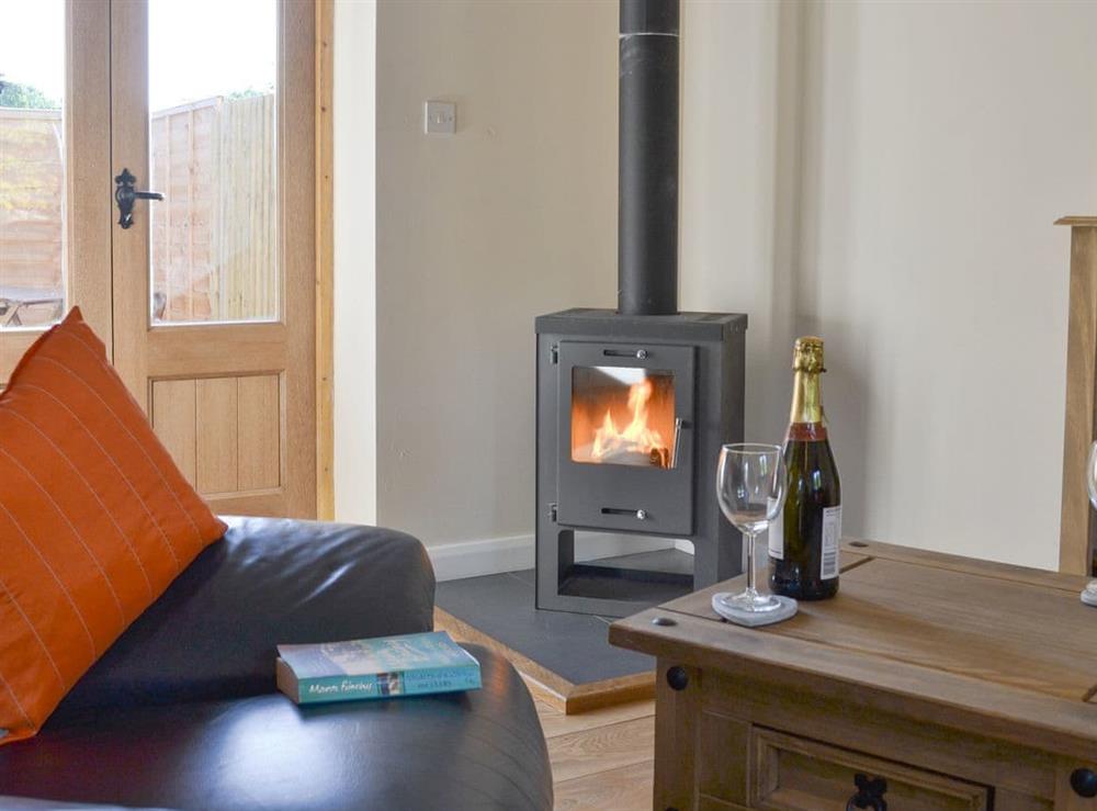 Welcoming living area with wood burner at Nuthatch Barn, 