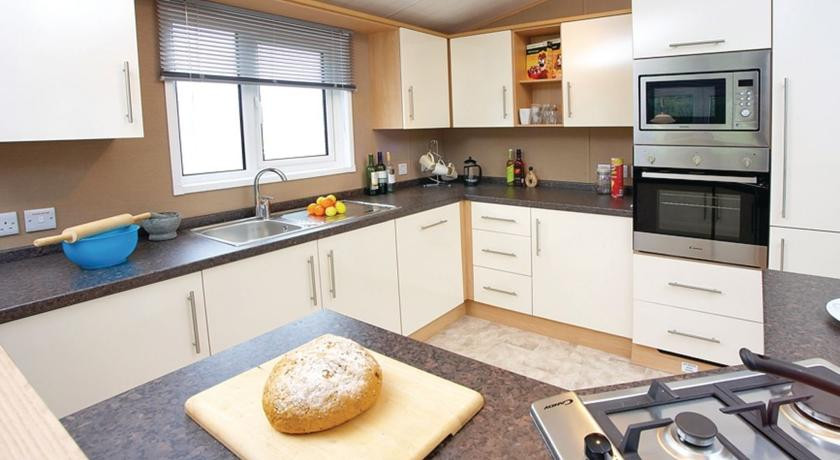 The kitchen in a lodge at Little Eden Country Park in Carnaby, Bridlington, Yorkshire