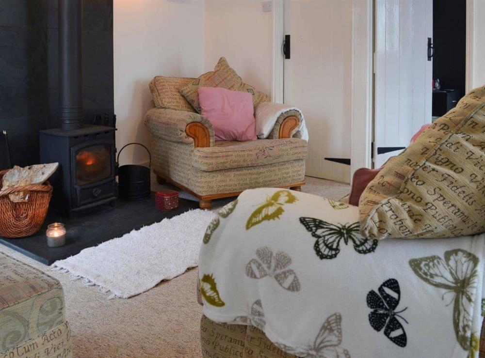 Charming living room with wood burner at Little Whiteleigh in Whitstone, near Bude, Cornwall