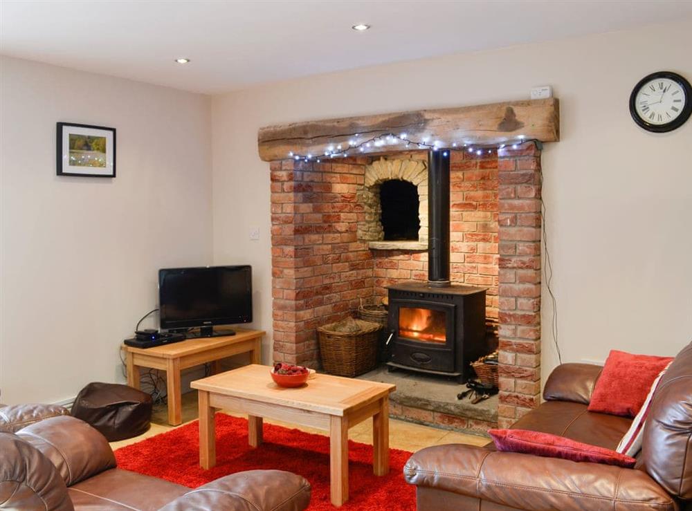 Cosy living room with feature fireplace at Llandremor Fawr Cottage in Swansea, West Glamorgan